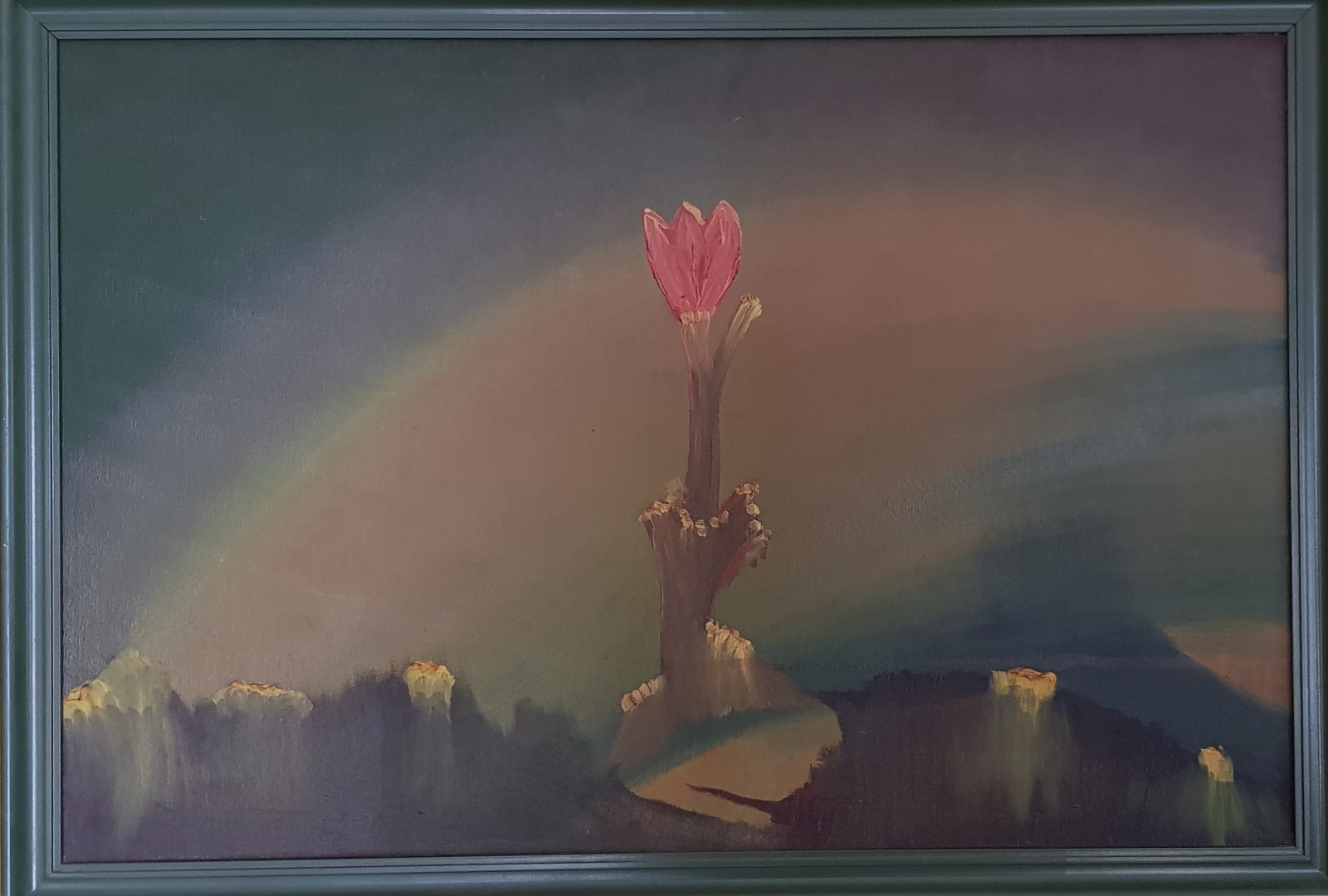Painting of a single flower reaching through a luminous sky